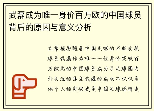 武磊成为唯一身价百万欧的中国球员背后的原因与意义分析 武磊成为唯一身价百万欧的中国球员背后的原因与意义分析